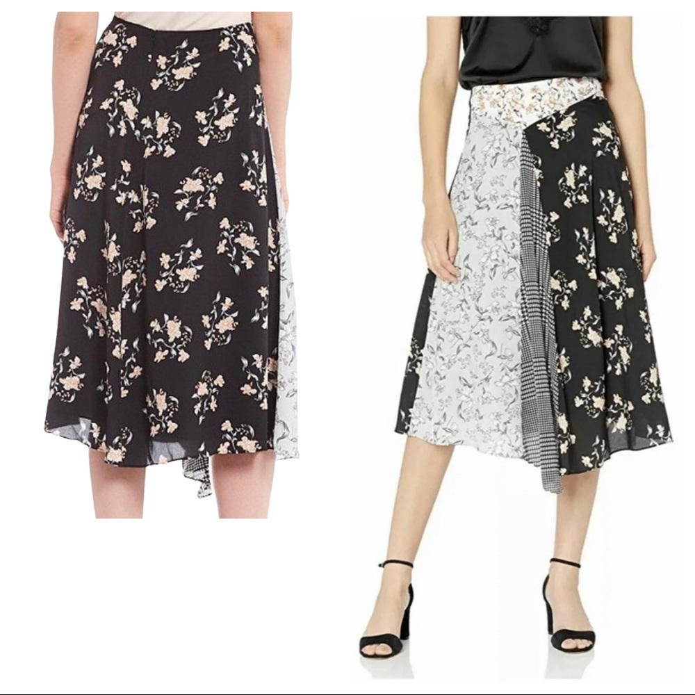 Calvin Klein Houndstooth Floral Plaid Georgette Office Casual Summer Midi Skirt - Picture 3 of 12